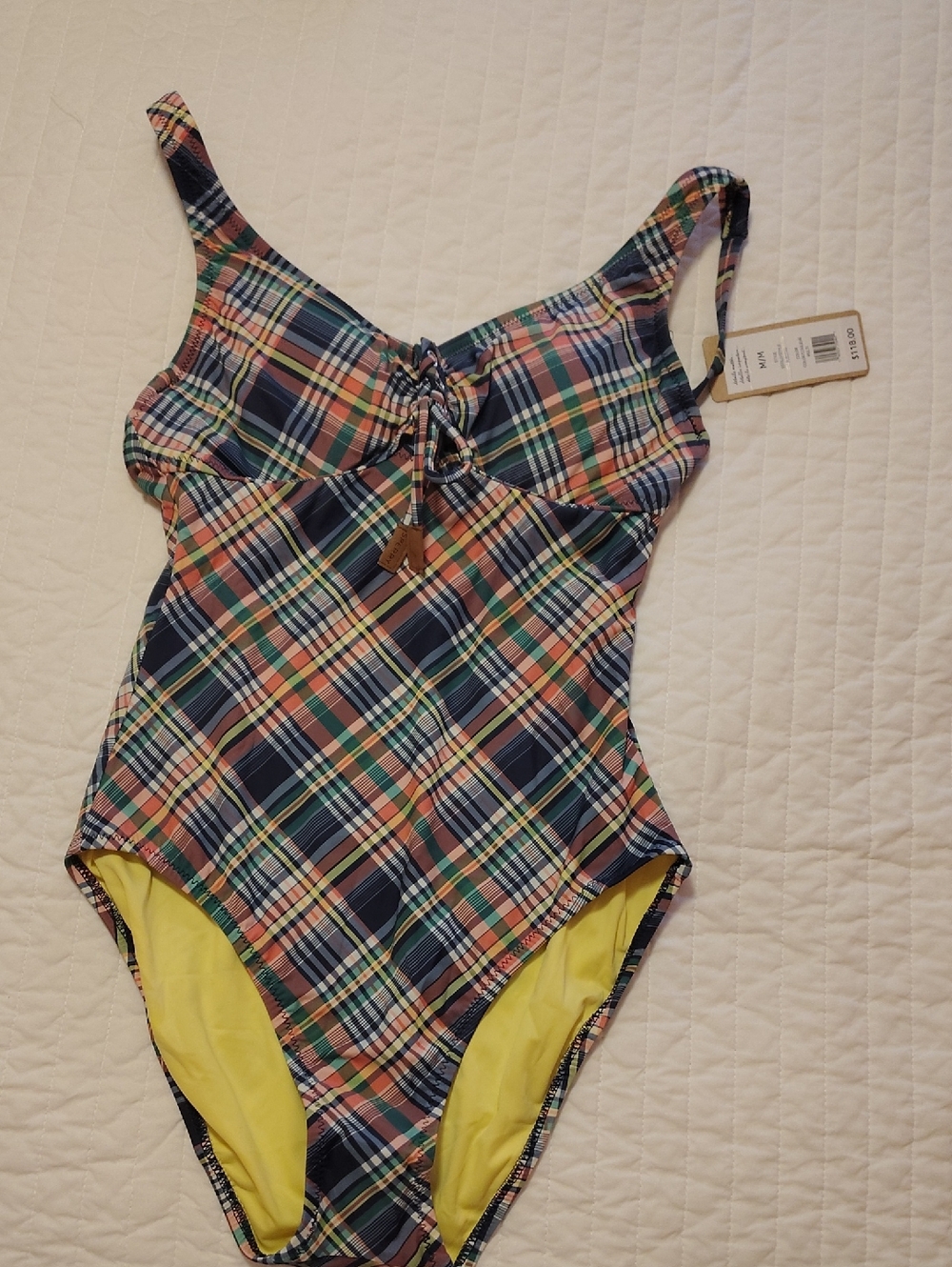 Sperry Plaid-Trim One-Piece Swimsuit in Navy, Pink & Yellow NWT